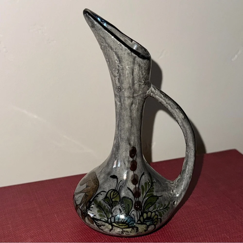 Vintage Handcrafted Mexican Floral Animal Folk Art Pottery Vase Glazed Marked
